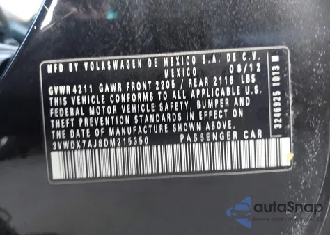 2013 Volkswagen Jetta 2.5L Se z USA, uszkodzony, nr VIN 3VWDX7AJ8DM215350